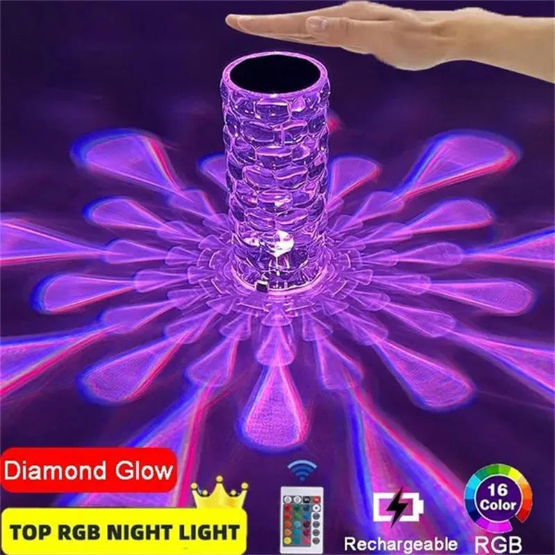 Crystal table lamp rechargeable diamond night light with teardrop acrylic shade on bedside table