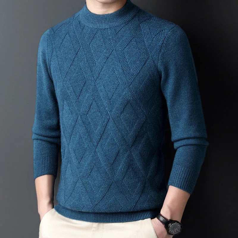 Men's diamond jacquard wool blend winter sweater in light camel colour on a hanger