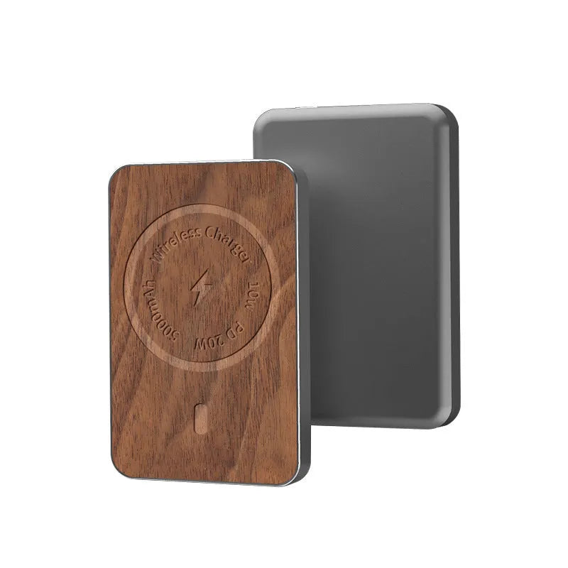 Khaki aluminium alloy magnetic wireless charging bank with 5000mAh battery and USB port