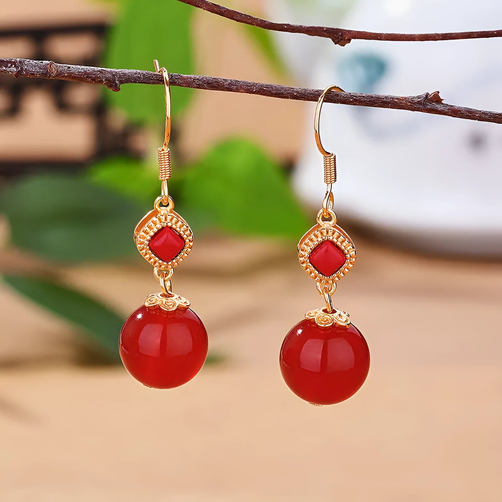 Geometric copper stud earrings with southern red agate beads and jasper inlay featuring S925 sterling silver accents