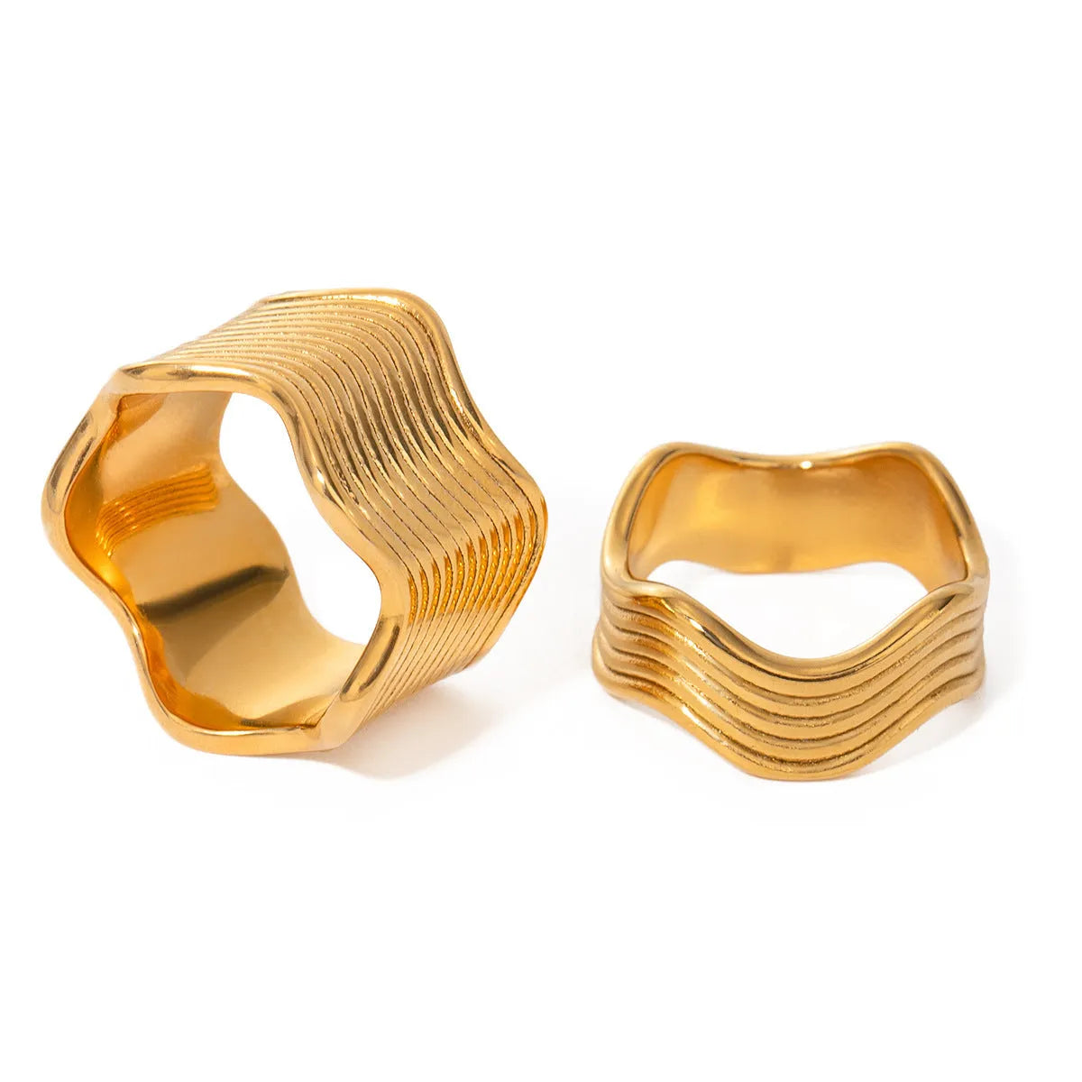 Women's stainless steel geometric wave ring with wide band surface and Korean style design