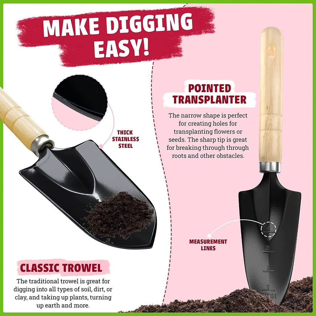 Stainless steel gardening hand tools set of eight pieces including trowel and fork on a garden surface