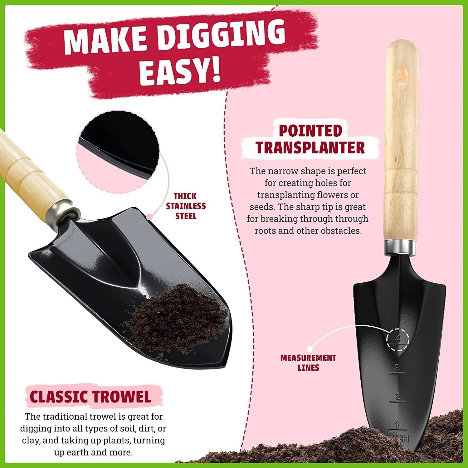 Stainless steel gardening hand tools set of eight pieces including trowel and fork on a garden surface