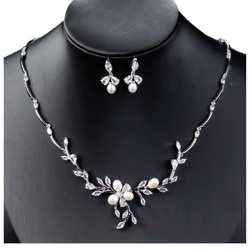 Sweet Pearl Zircon ear stud and necklace jewellery suit in copper alloy with electroplated finish