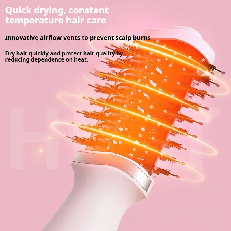 Pink multifunctional hair dryer with integrated comb and curling brush attachments