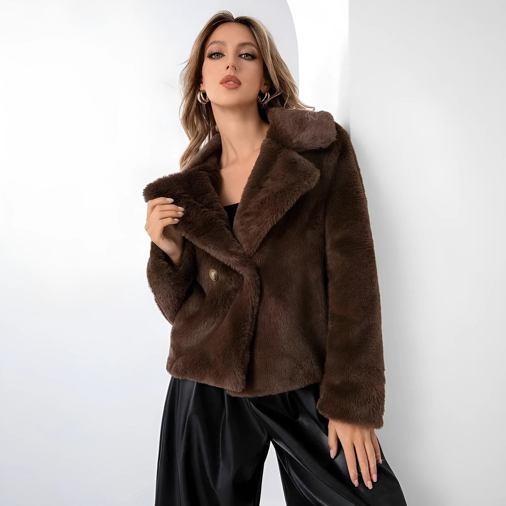 Women's faux fur coat in rose red with regular sleeves and loose fit