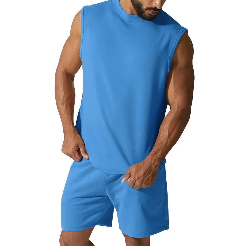 Men's sleeveless cotton blend sports top and matching shorts casual set in army green.