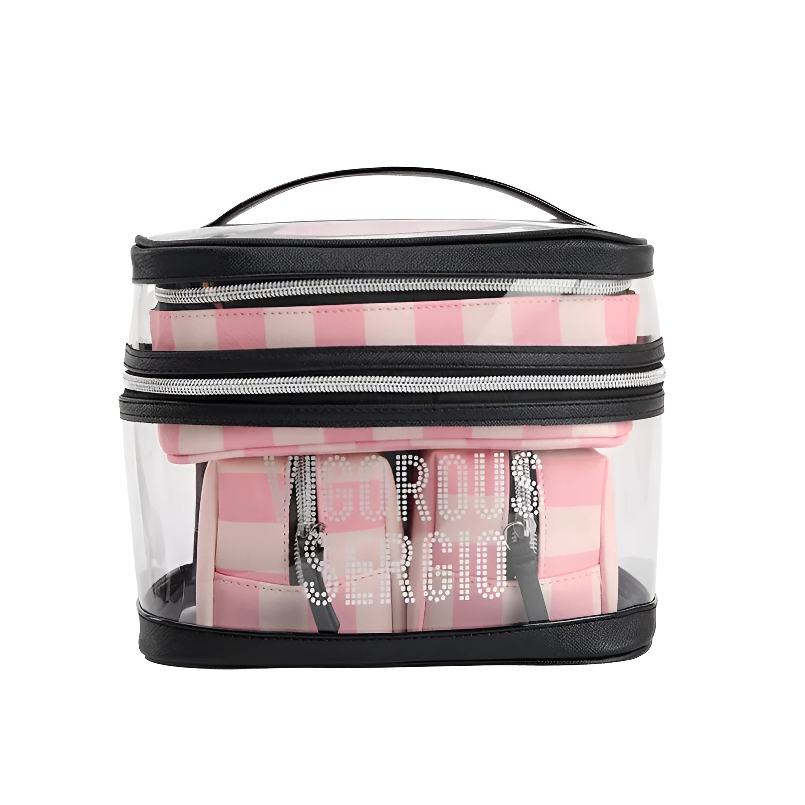 Pink striped waterproof makeup bag with flower pattern and synthetic leather construction
