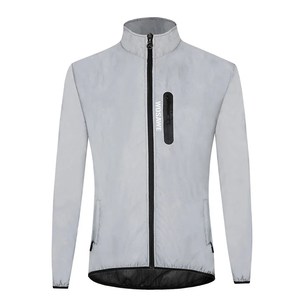 Silver waterproof polyester long sleeved outdoor coat showing windproof features across six European sizes