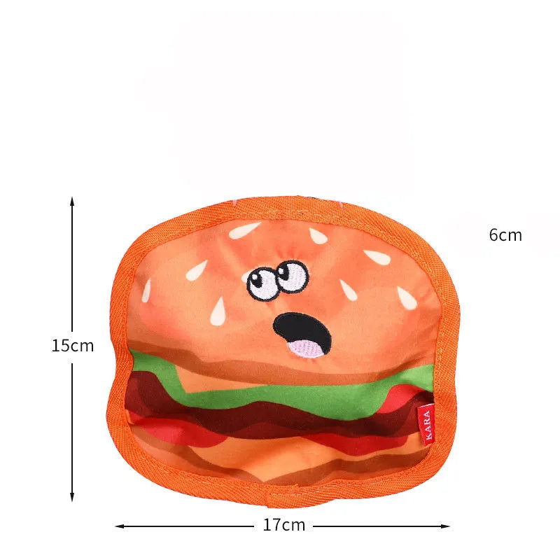 Colourful hamburger, fries, hot dog, and pizza shaped dog chew toys with crinkle and squeak features