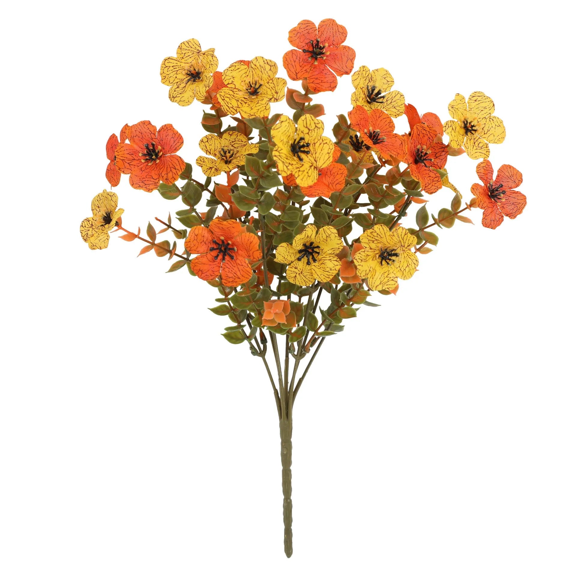Artificial flower bouquet in autumn red, yellow, orange and orange-yellow colours for home and wedding decoration