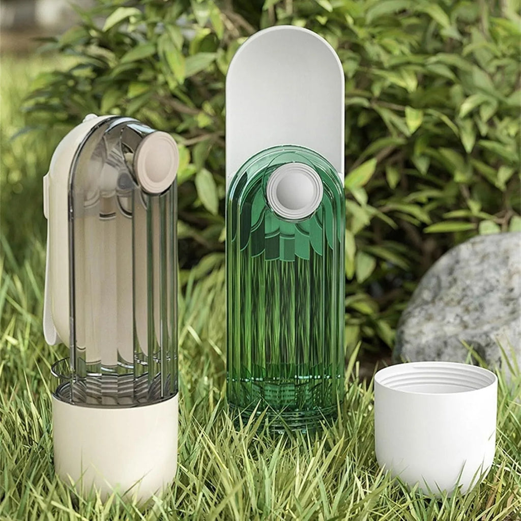 Beige foldable dog water bottle with food dispenser shown extended and collapsed for walking.
