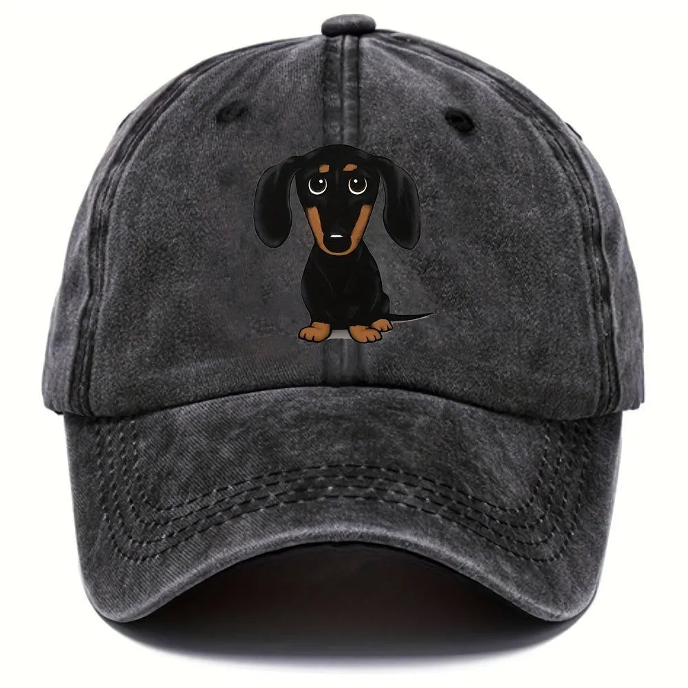 Retro washed baseball cap with embroidered Dachshund design and digital print in cotton fabric