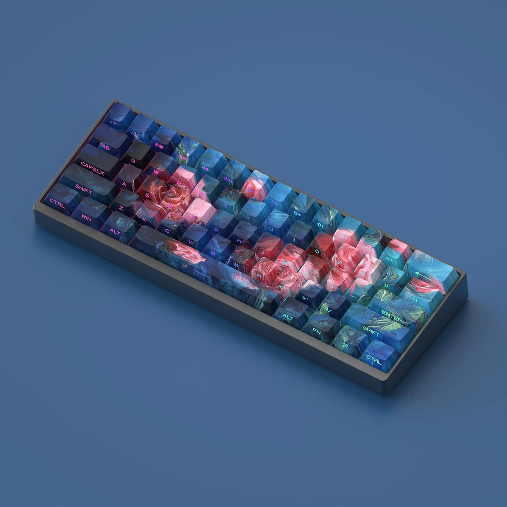 Rose colour PBT mechanical keycap set with transparent oil painting style and side carving