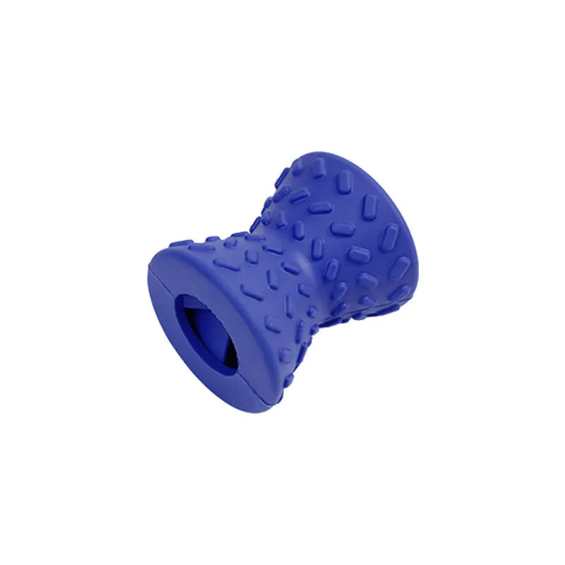 Interactive treat dispensing dog toy in blue, green or purple with hollow centre and food leakage holes