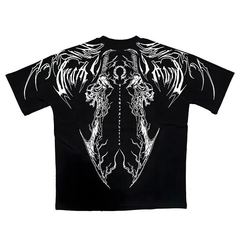 Loose fit plus size cotton t-shirt with short sleeves and gold gilding craft detail on fabric.