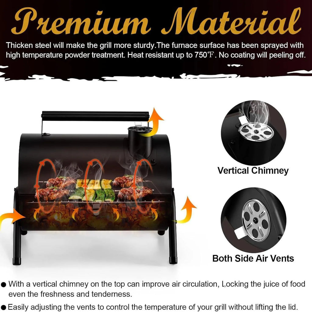 Small folding desktop charcoal barbecue stove with grill, shown in open and closed positions.