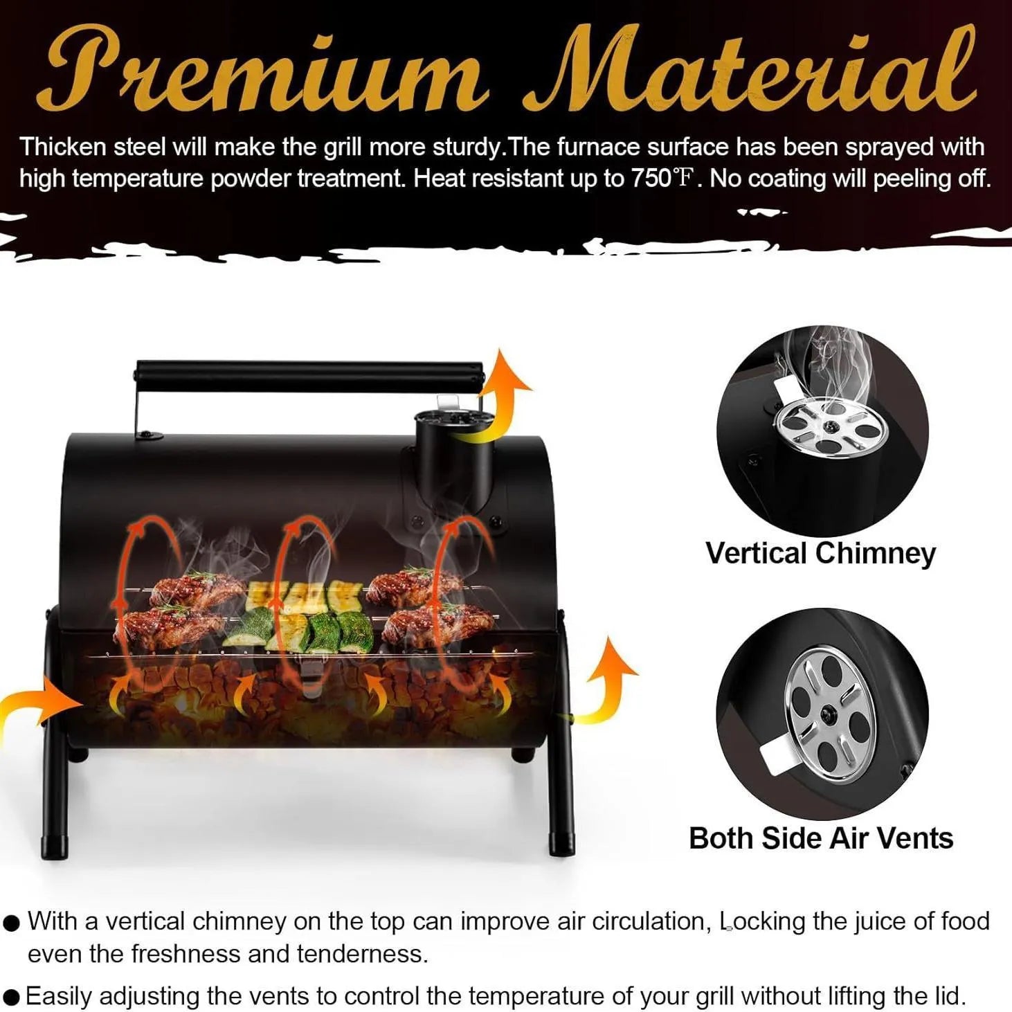 Small folding desktop charcoal barbecue stove with grill, shown in open and closed positions.