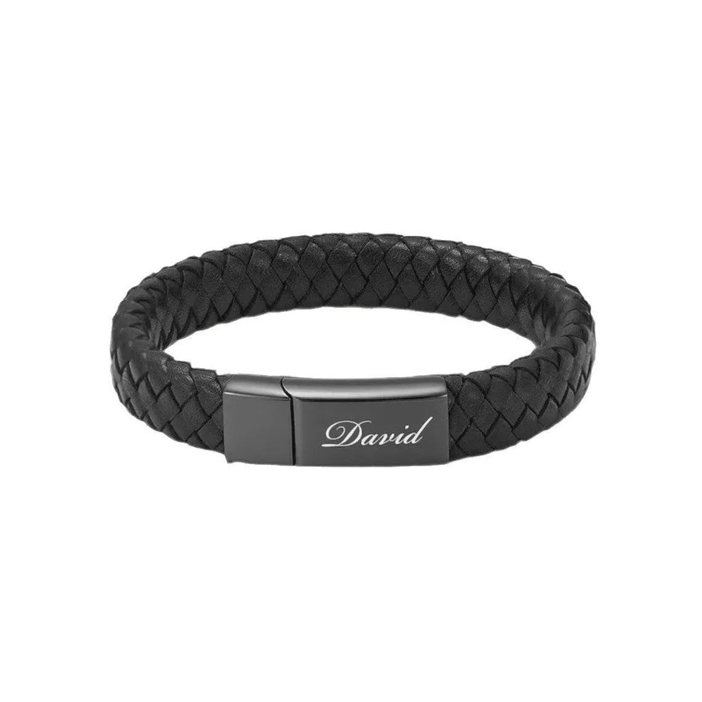 Black stainless steel memorial bracelet with woven leather design and engraved text