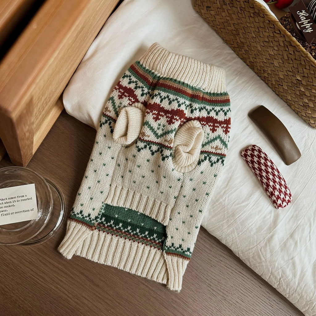 Fairisland beige bottom green dot polyester dog sweater for small breeds autumn winter
