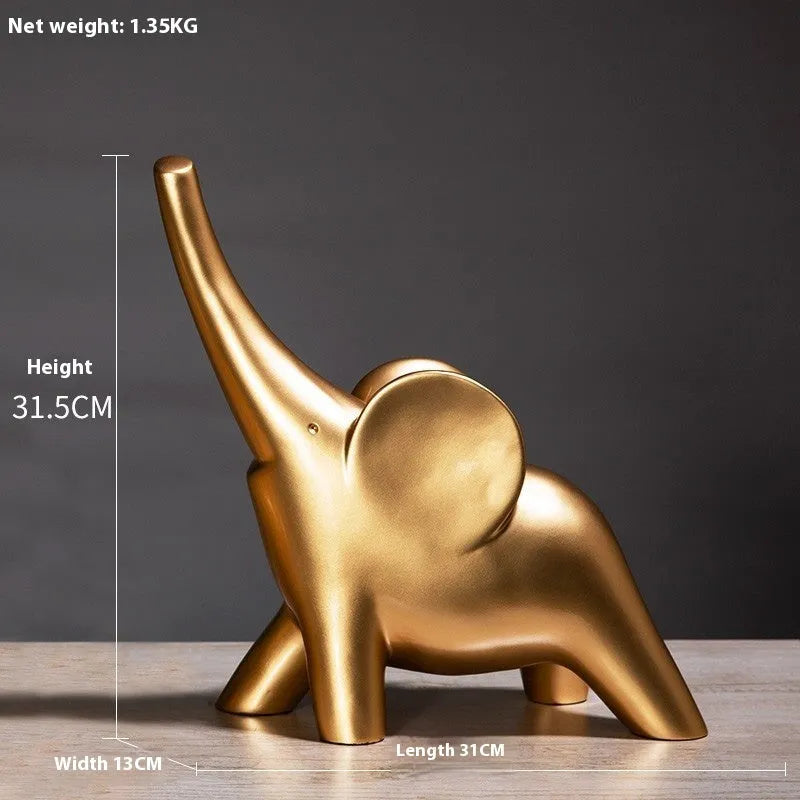Minimalist solid resin elephant ornament in rose gold on a shelf.