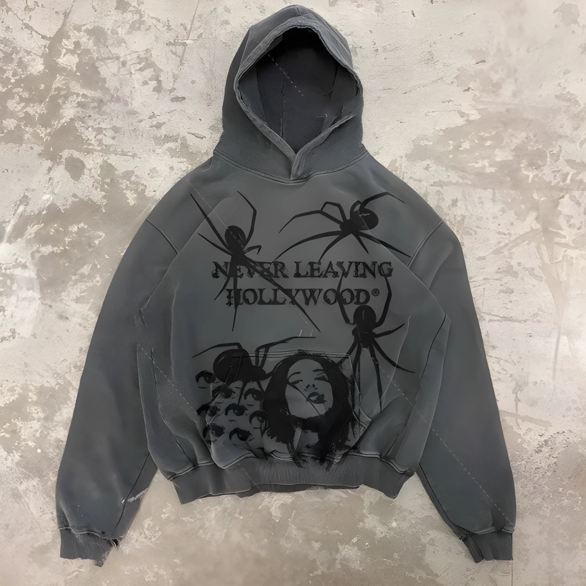 Spider retro loose unisex hoodie in washed old colour, long sleeves, pullover style