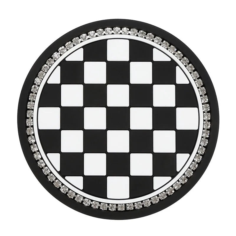 PVC plastic car cup mat coaster in black and white checkerboard pattern for car cupholder
