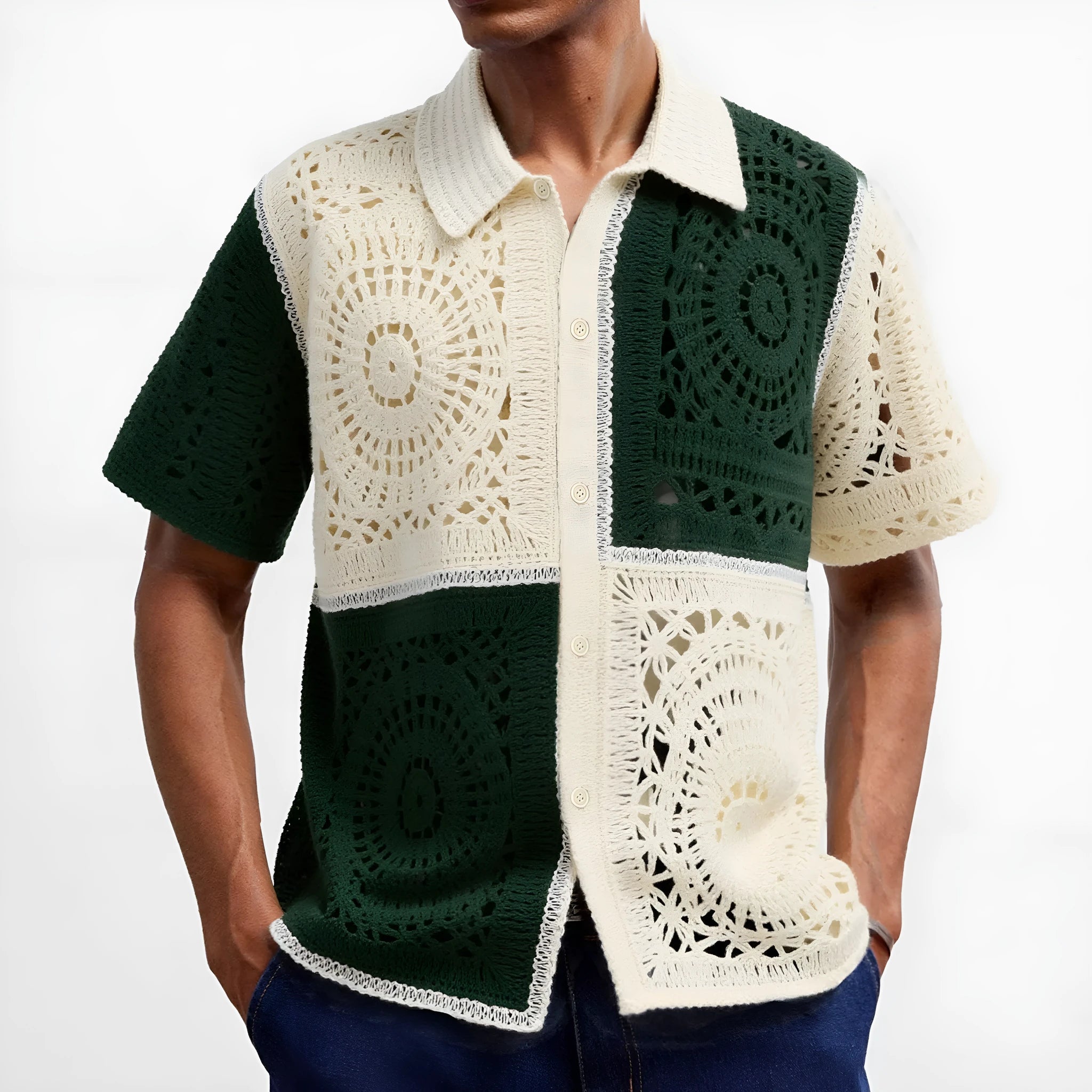 Men's beige colourblock short sleeve knit shirt with flocked detailing, regular fit, acrylic fibre fabric, front view on model