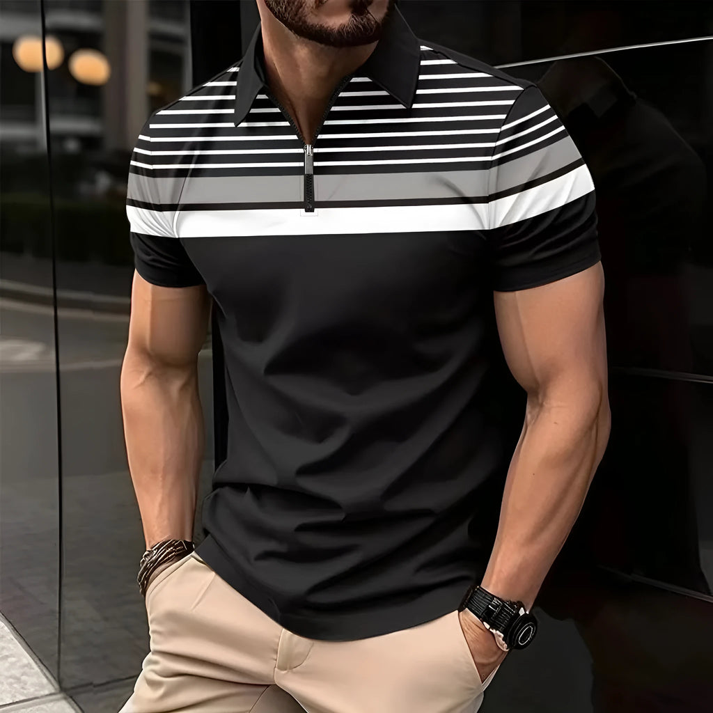 Men's black striped loose fit short sleeve polyester t-shirt on hanger, front view, sizes S to XXXL
