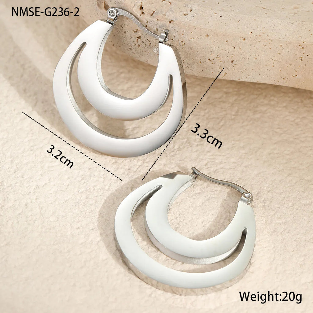 Geometric French earrings with round hoop design in gold and steel colour options