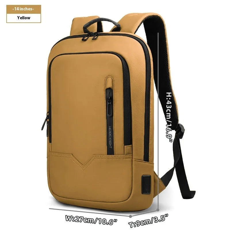 Solid colour polyester laptop backpack with USB charging port shown in olive green.