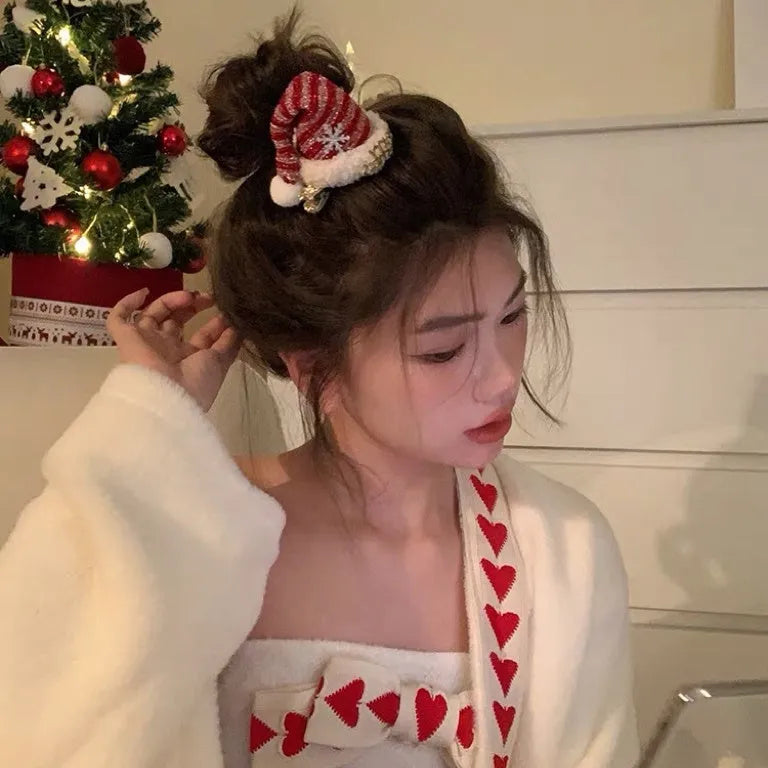 Red handmade plush Christmas headband with jingling bell for women, ins style hair accessory