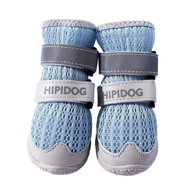 Cartoon-style blue and green dog shoes with wear-resistant PU soles for summer paw protection.