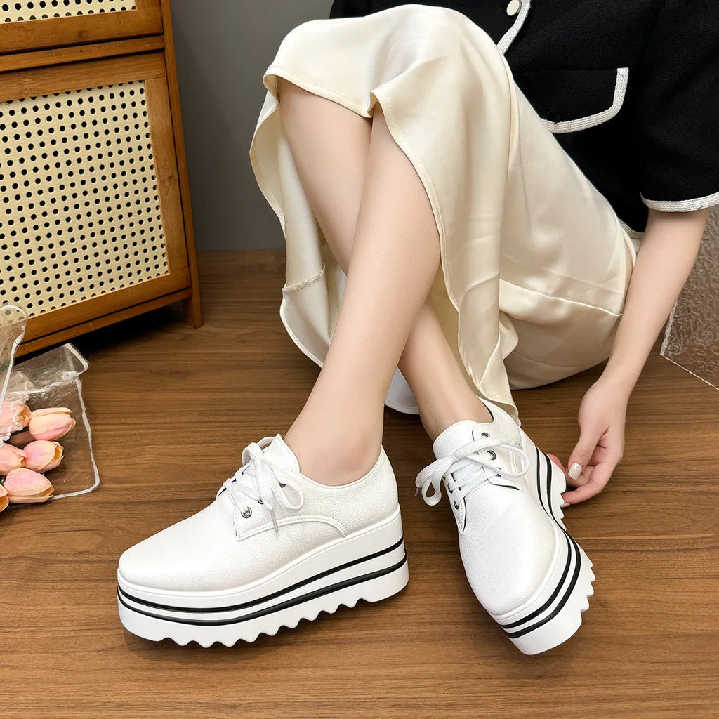 Brogue lace-up square toe platform pumps in white with PU upper and English muffin heel