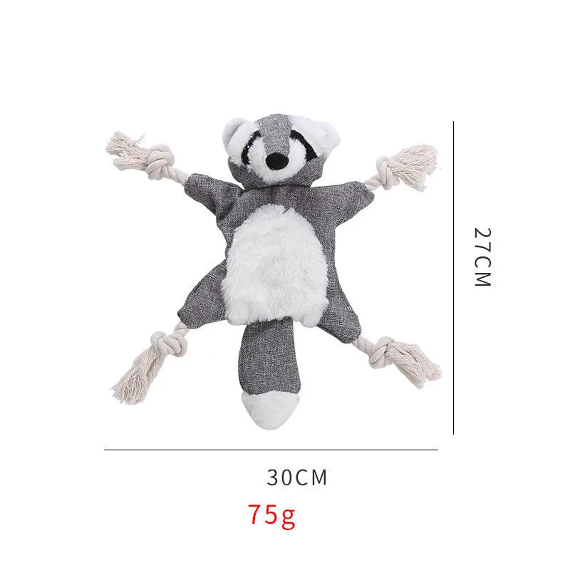 Brown plush fox dog toy with embroidered eyes, cotton rope arms and legs with knots.
