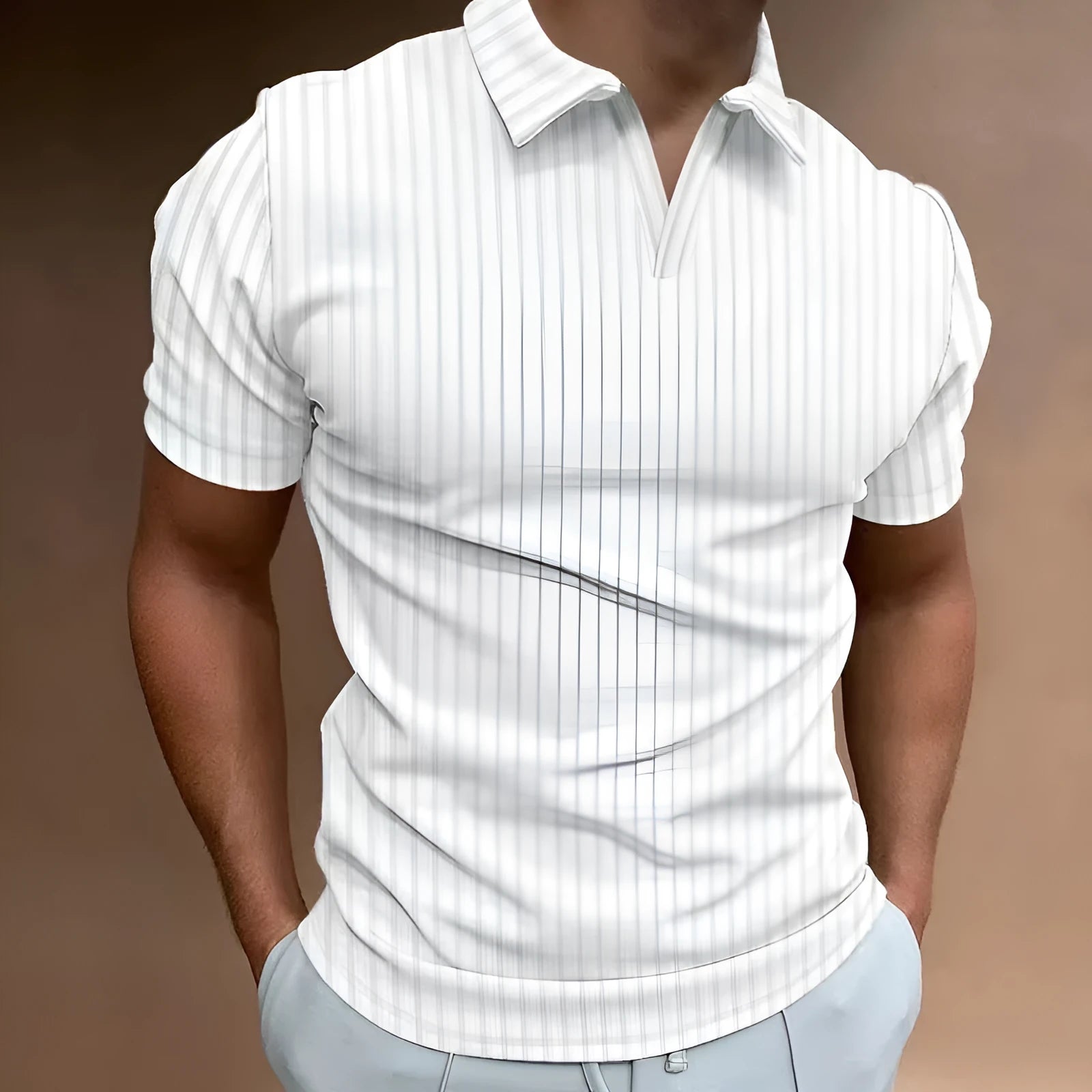 Men's striped V-neck polo shirt in light fabric for summer sports, shown in multiple colour options.