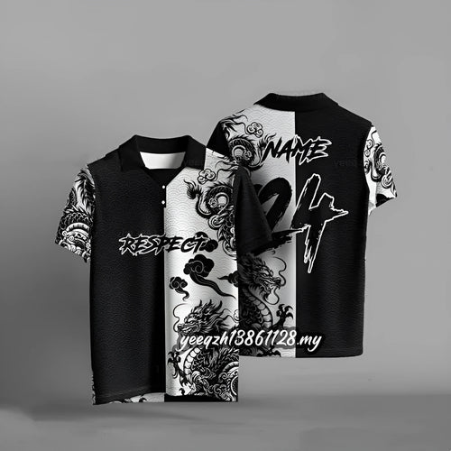 Black loose fit t-shirt with 3D digital printing design, short sleeves, casual style