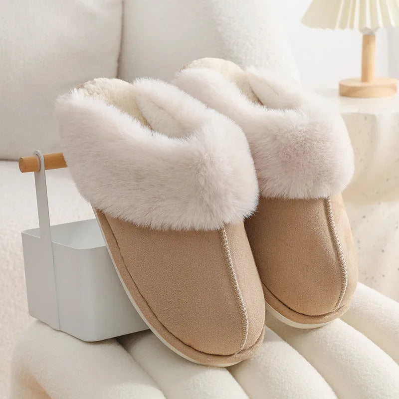 Women's round-toe plush slippers in multiple colours with a non-slip PVC sole.
