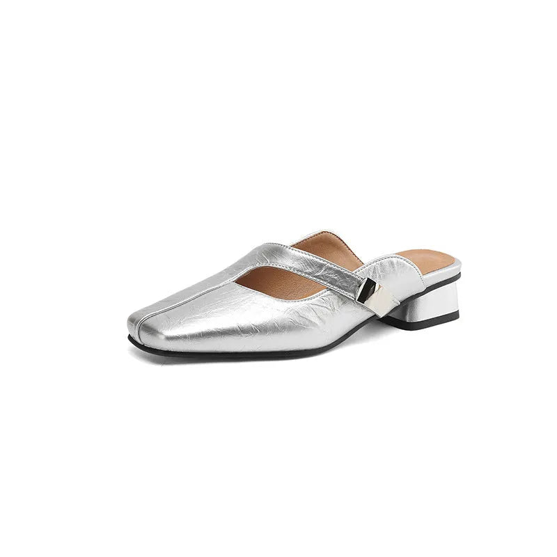 British style square head casual slippers in beige with an artificial PU upper and rubber sole.