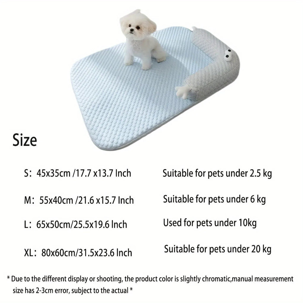 Blue pet cushion with large monster face design for dogs and cats on a wooden floor.