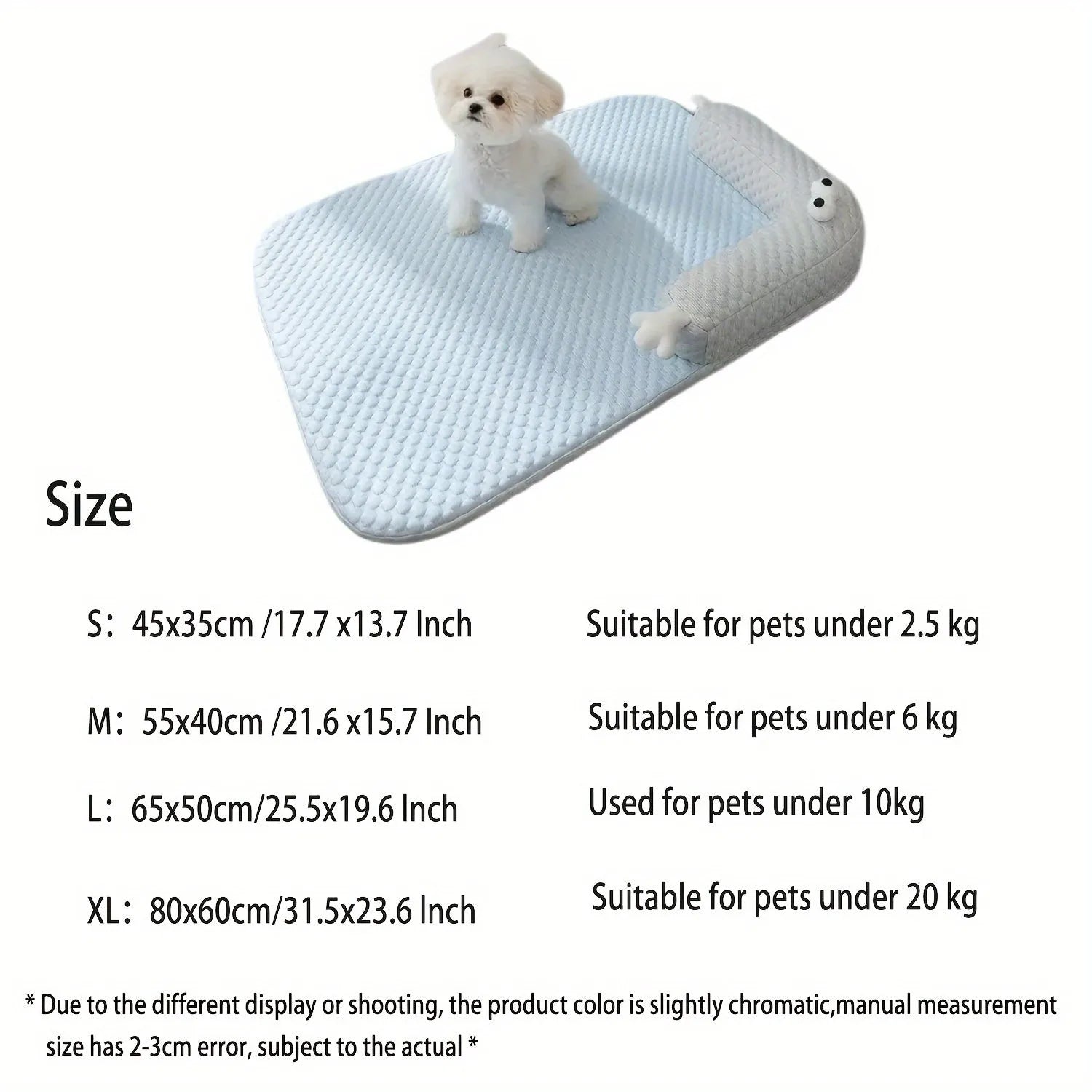 Blue pet cushion with large monster face design for dogs and cats on a wooden floor.