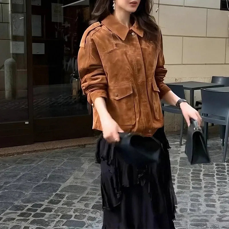 Brown polyester suede coat with regular sleeves on a hanger