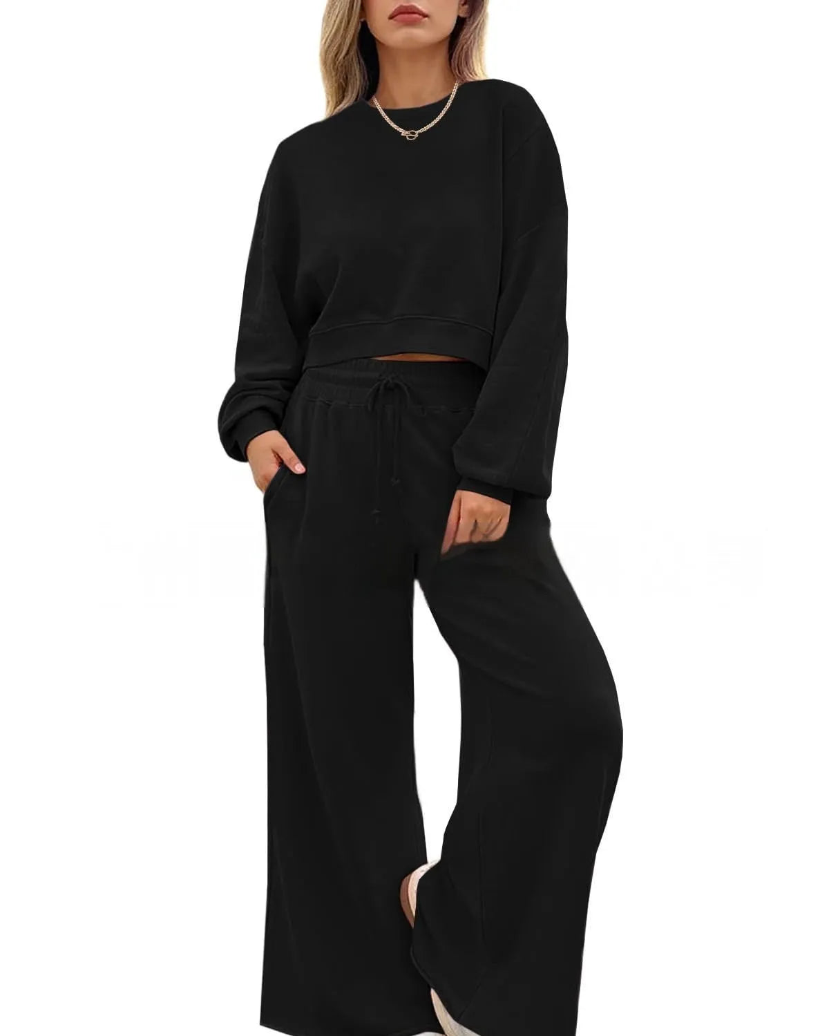 Women's solid colour polyester two-piece trouser set with long sleeve top and matching trousers in street hipster style
