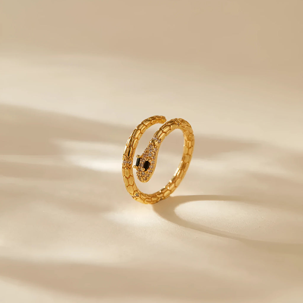Adjustable copper snake ring with gold colour finish and diamond surface treatment