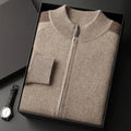 Men's navy blue cashmere blend knitted cardigan suit with half turtleneck zip and matching trousers