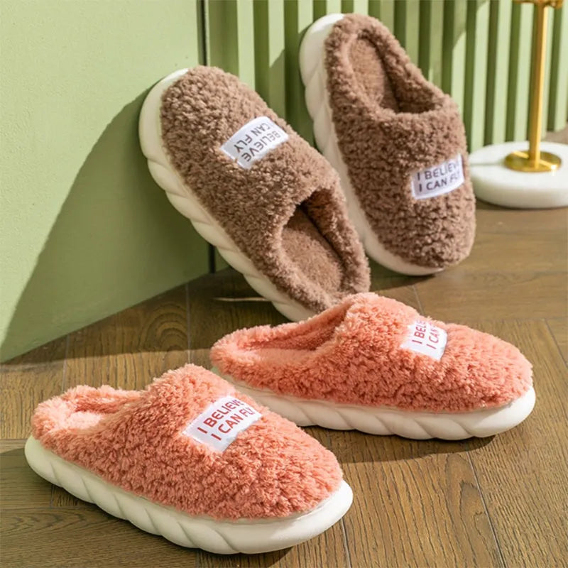 Warm plush slippers with faux fur lining and PVC sole in brown, a unisex home shoe for winter