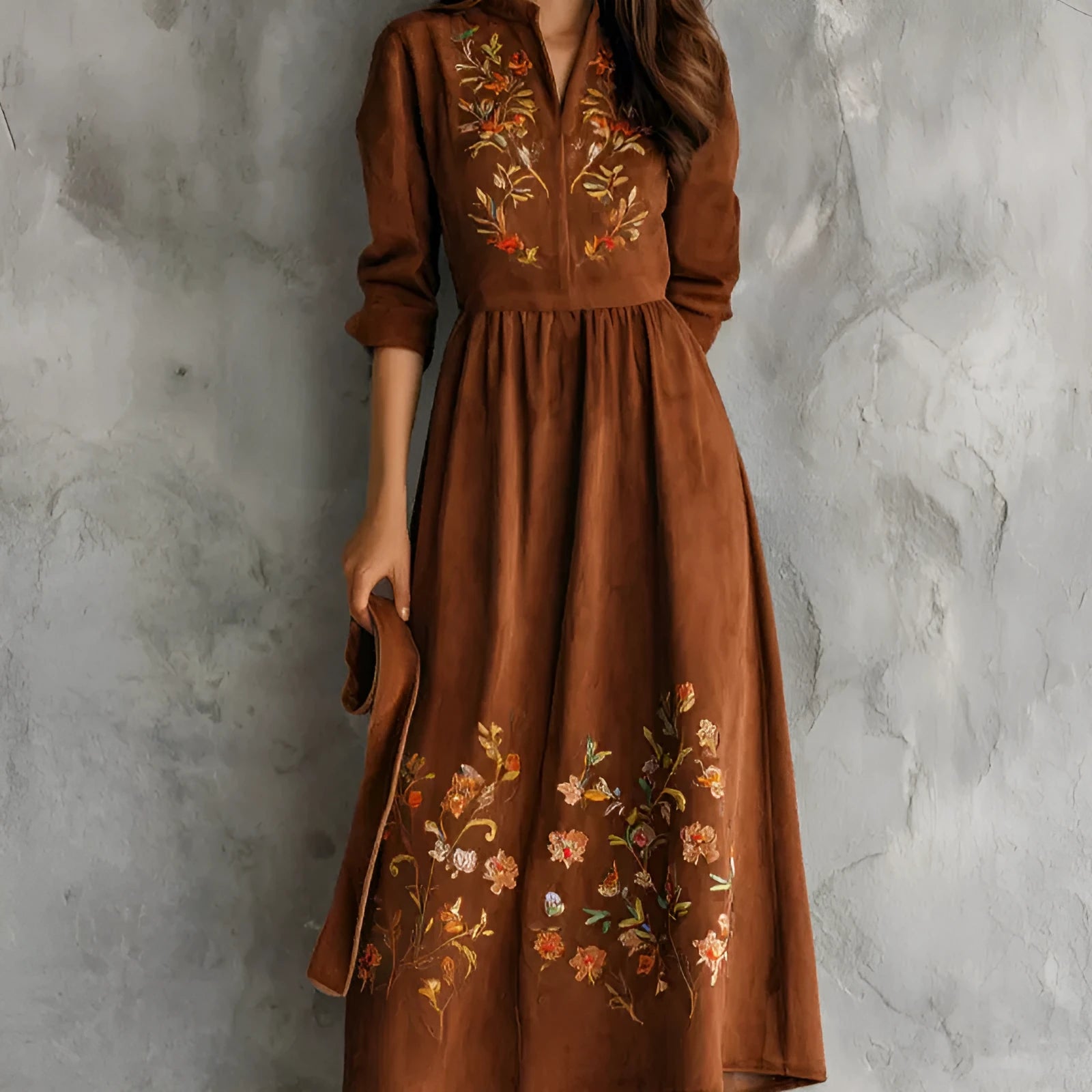 Brown floral embroidered suede-effect polyester midi dress in vintage leisure style