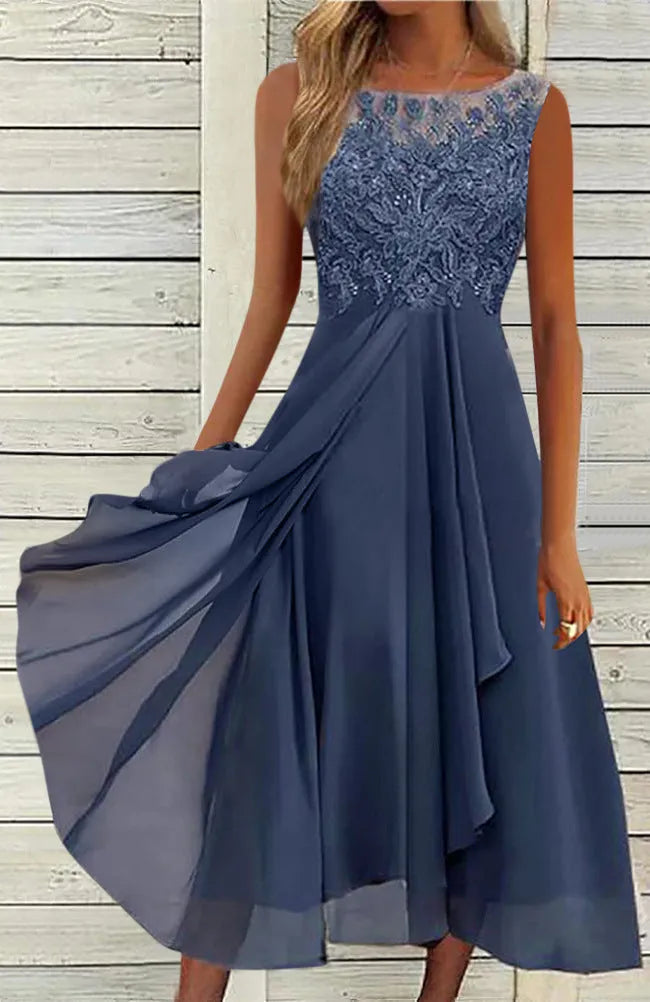 Women's sleeveless lace chiffon dress in green, purple, or blue with hollow-out stitching.