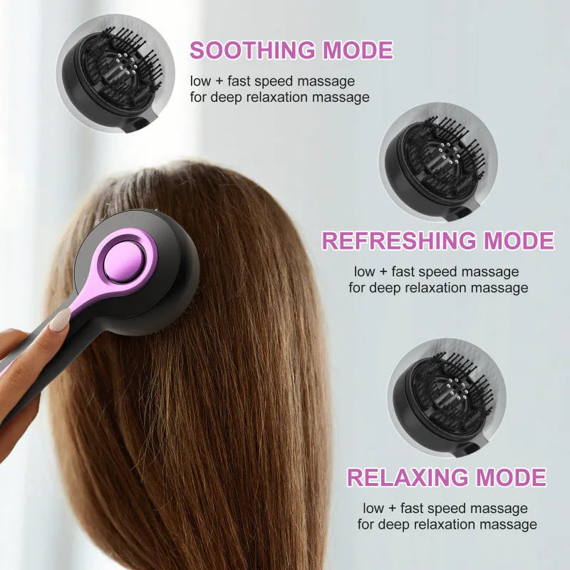 Anti-leak hair brush massage instrument in black with USB charging port and mechanical control buttons