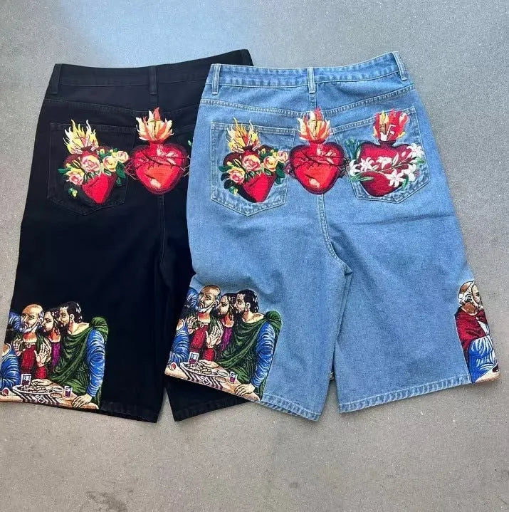 Blue cotton tapered men's shorts with a Jesus print on the back pocket.
